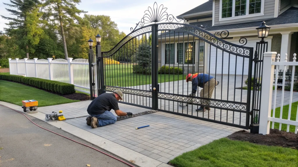 Two workers installing a swing driveway gate at a residential property, with a well-maintained lawn.