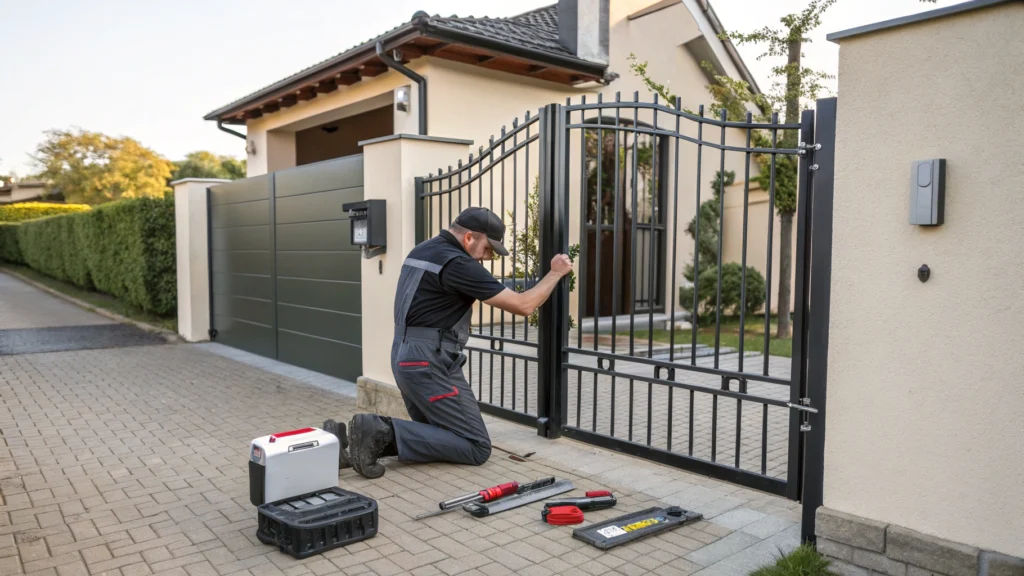 A technician inspecting and repairing the safety system of a malfunctioning gate.