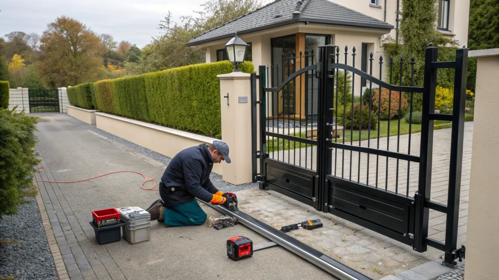 A technician performing preventative maintenance on a sliding gate system in a residential driveway.