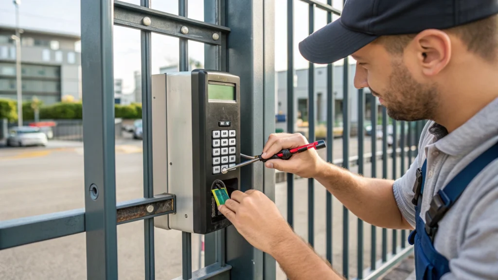 A technician repairing the access control system of an automatic gate using a screwdriver.