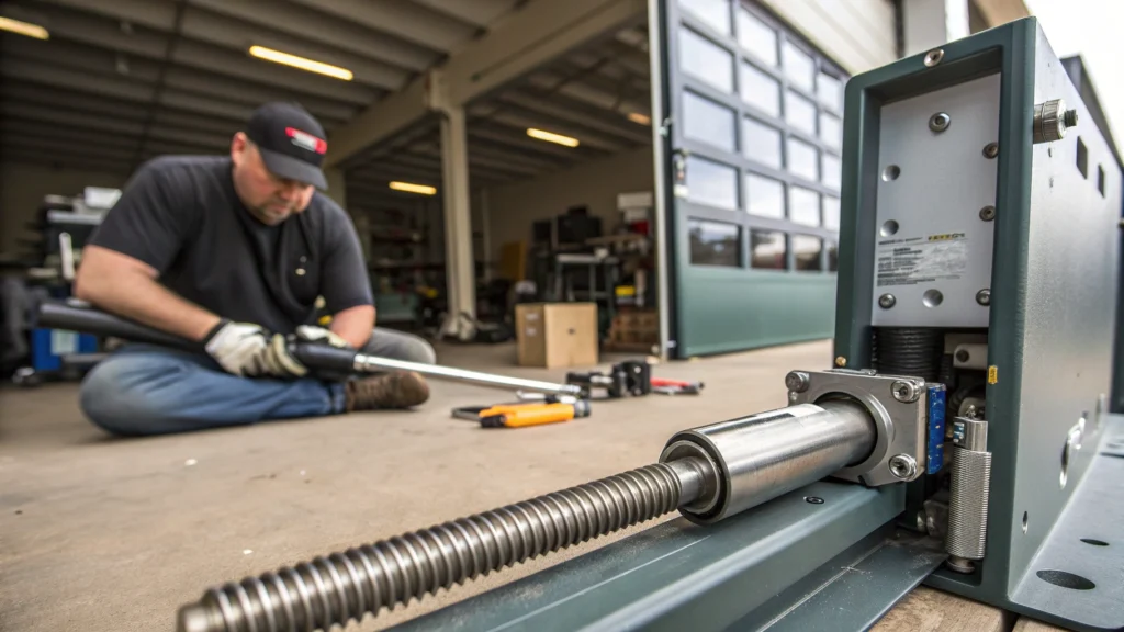A technician working on assembling a ram and linear screw mechanism for a gate opener.