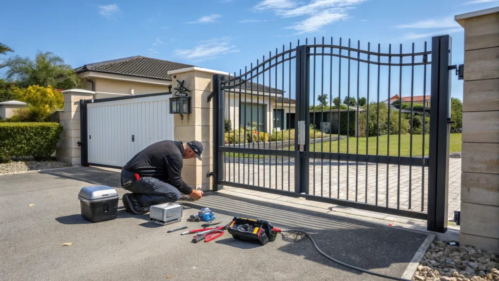 A technician working on repairing the automation system of a swing gate.