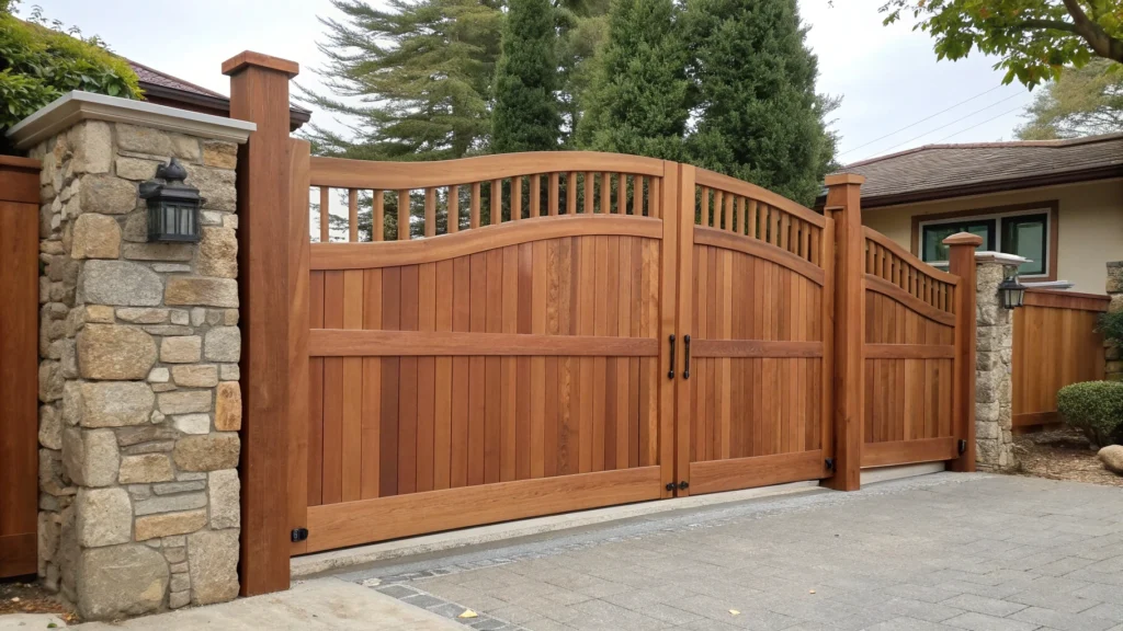 A traditional wooden driveway gate with a classic design, complemented by stone columns and sturdy construction.