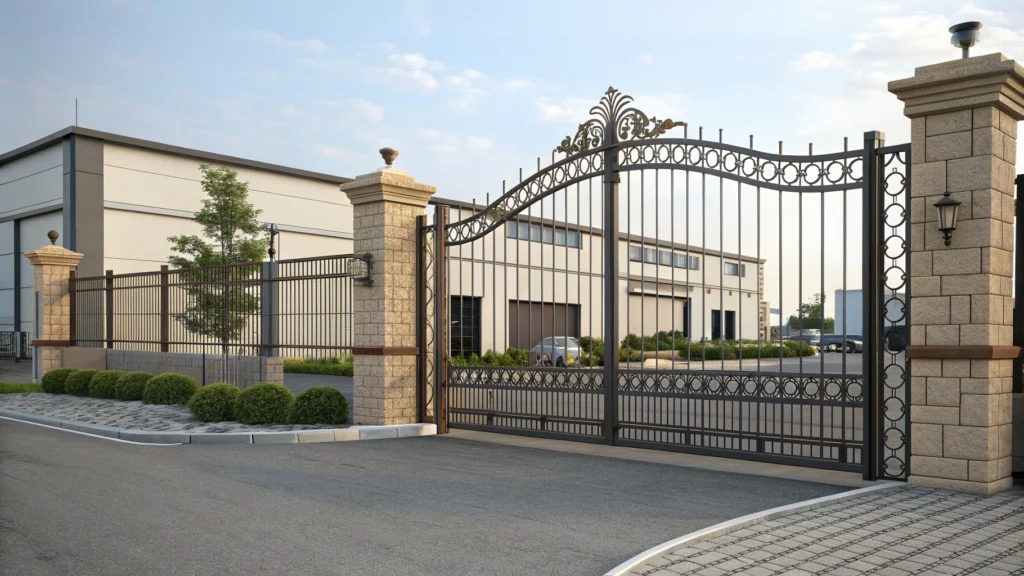 A large, iron swing gate in an industrial setting with stone pillars.