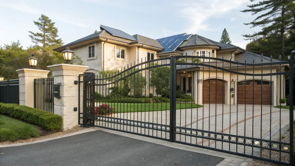 A stylish residential iron driveway gate with reinforced security and modern design, adding elegance and protection.