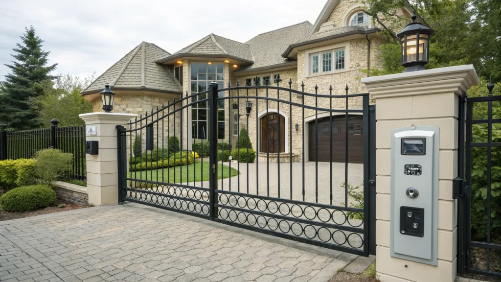 A high-end residential iron driveway gate with integrated security system and camera, designed for maximum protection.