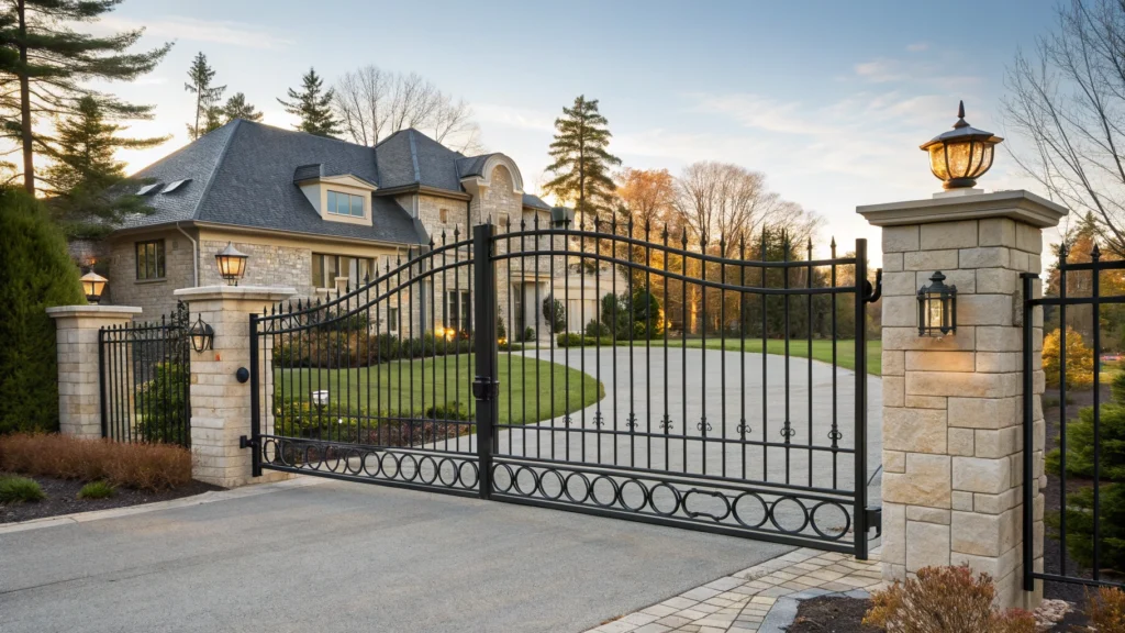 A luxurious residential driveway with black driveway security gates and stone columns, adding elegance and protection.
