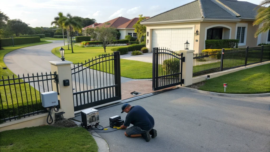 A technician working on a residential automatic driveway gate system, ensuring functionality.