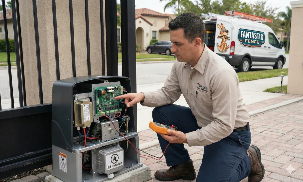 A skilled technician from an Automated Gate Repair Company uses a multimeter to test a gate motor circuit board.