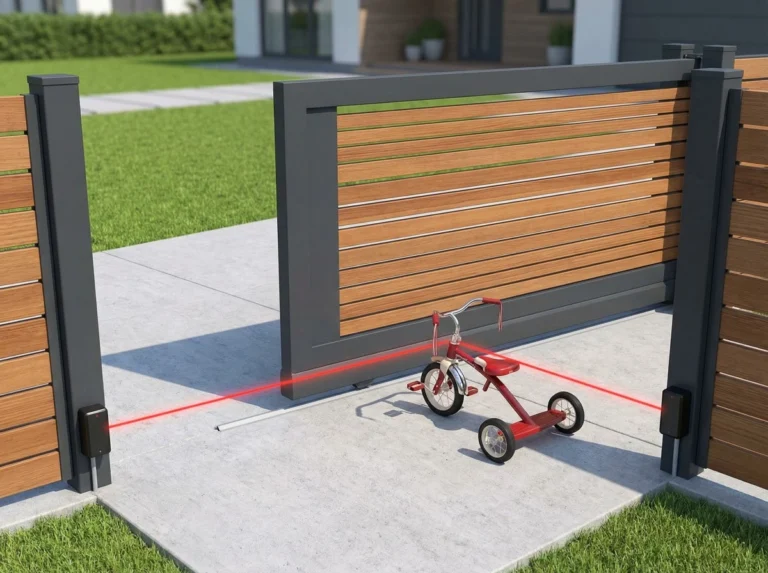 A red tricycle interrupting the invisible infrared beam of a safety photo eye sensor installed on a modern sliding gate.