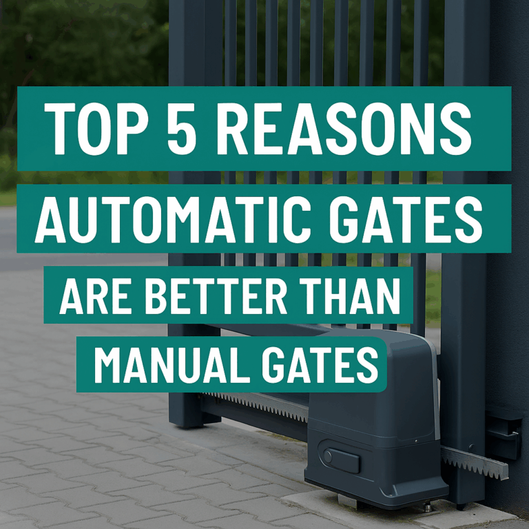 Grey automatic sliding gate motor on a track, illustrating why automatic is better than manual gates..