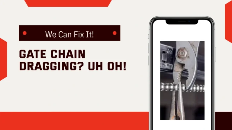 Advertising banner for fixing a dragging gate chain, showing tools adjusting a chain on a smartphone screen.