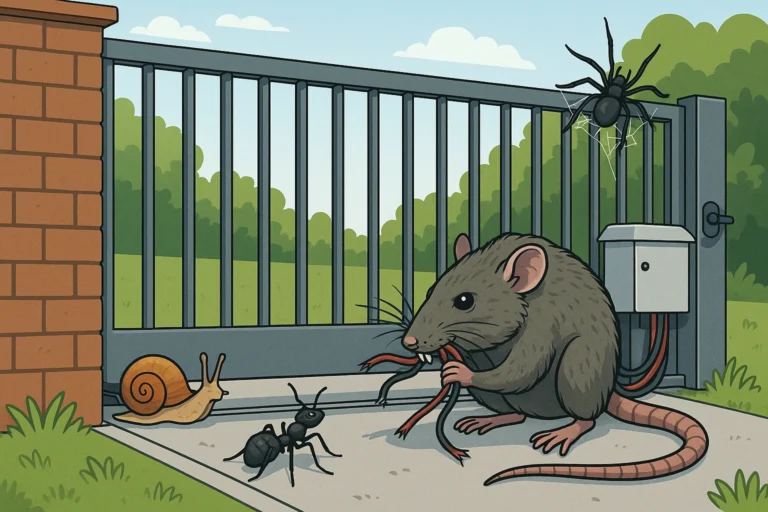 Cartoon rat chewing wires, alongside an ant, snail, and spider, representing pests that destroy automated gates.