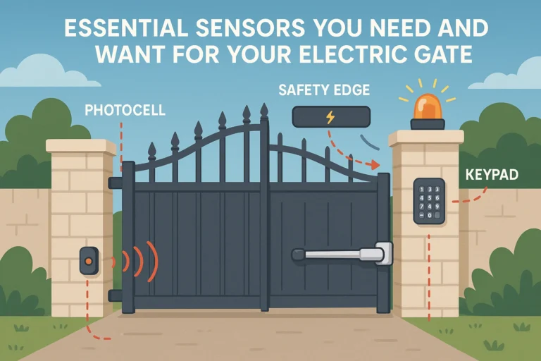Diagram illustrating a gate with photocell, safety edge, keypad, highlighting the essential sensors you need.