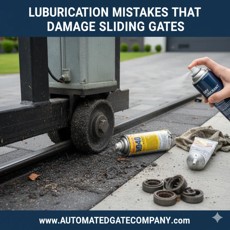 A hand spraying lubricant on a sliding gate roller, illustrating products often used in common lubrication mistakes.