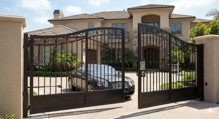 Black ornamental automatic gate opening for a luxury car at a large estate, enhancing security and overall Home Value.