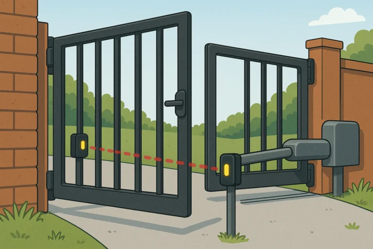 Illustration of active infrared photo eyes functioning as safety sensors for swing gates on a driveway.