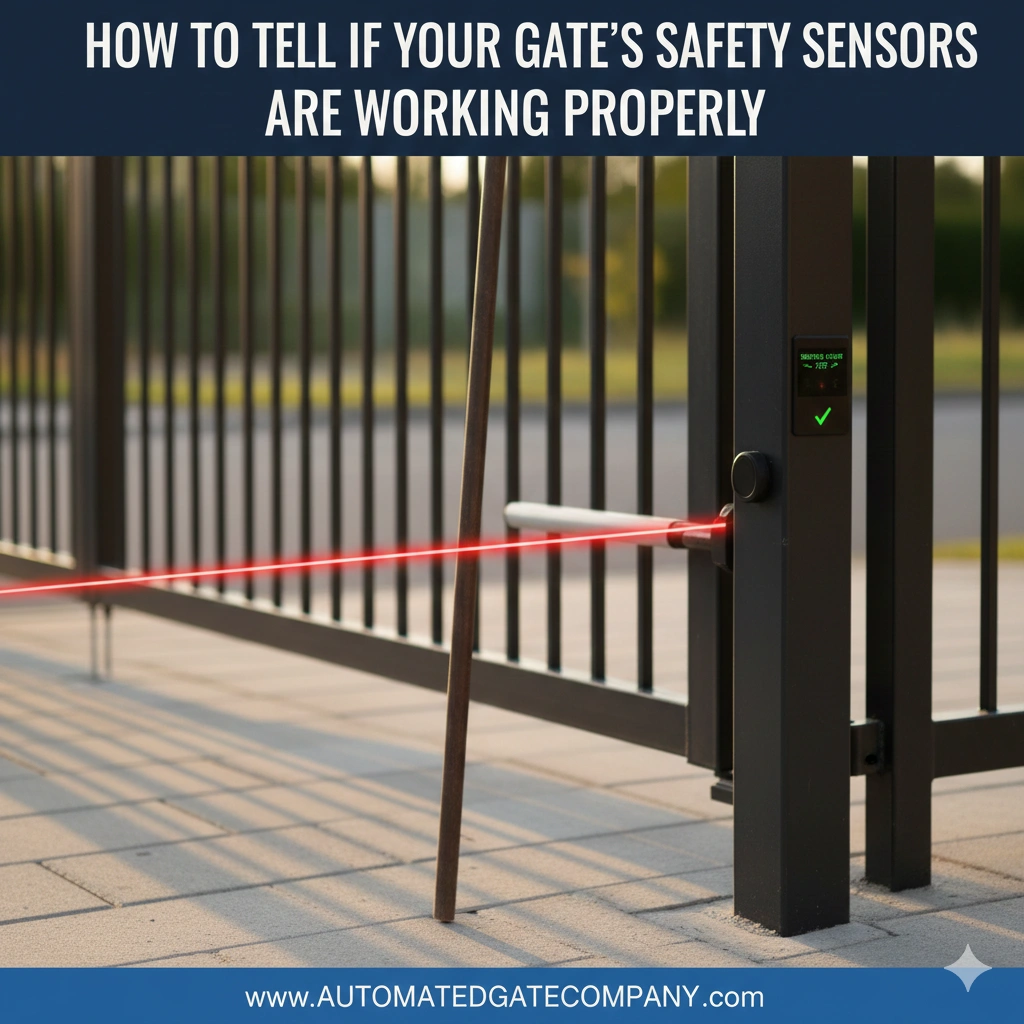 Stick interrupting red laser beam during a functional test of automatic gate safety sensors.