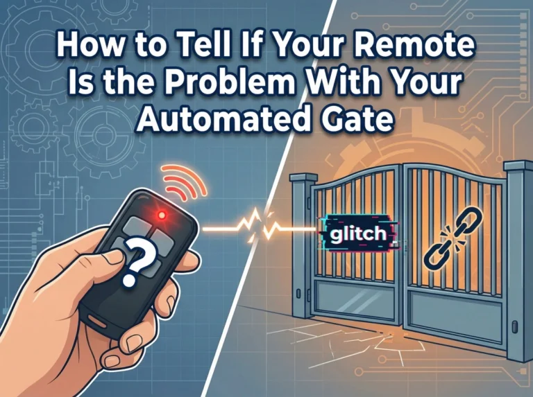 Hand holding a gate remote with a question mark, sending a broken signal to a glitching automated gate.