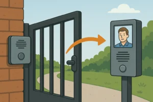 A comparison showing the transition from a voice intercom to advanced video entry solutions with a screen at a gate.