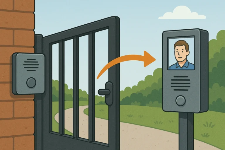 A comparison showing the transition from a voice intercom to advanced video entry solutions with a screen at a gate.