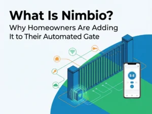 Smart automated gate illustration showing wireless smartphone control connectivity with Nimbio.