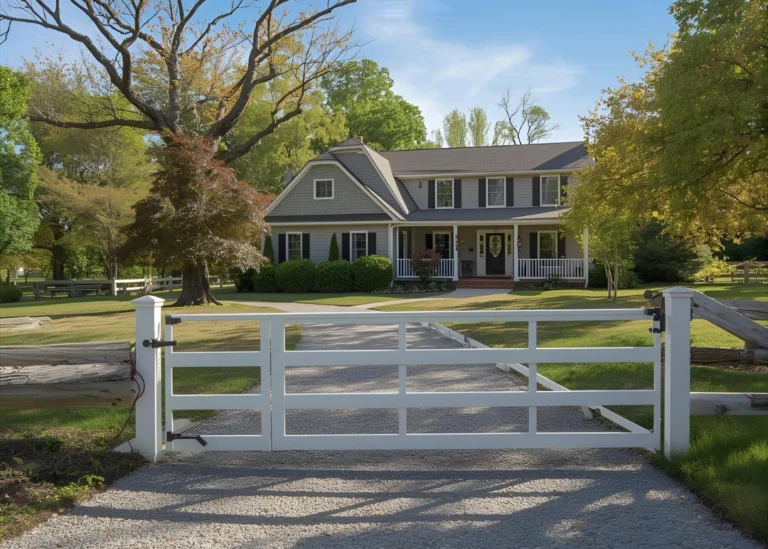 White 4-rail ranch style entry showing how durable Vinyl Electric Driveway Gates secure a residential property.