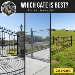 Split view showing ornamental, chain link, and tube gates comparing designs from Iron To Farm
