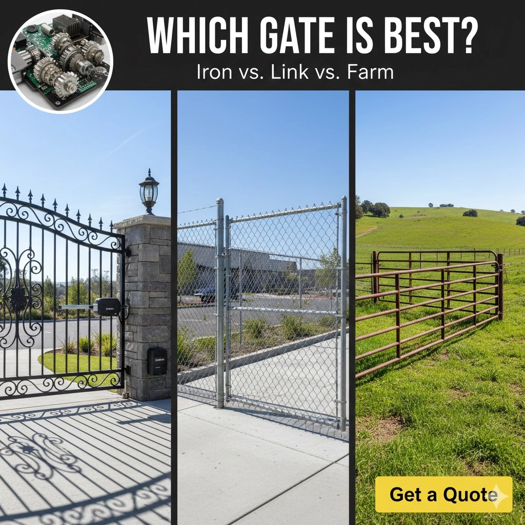 Split view showing ornamental, chain link, and tube gates comparing designs from Iron To Farm