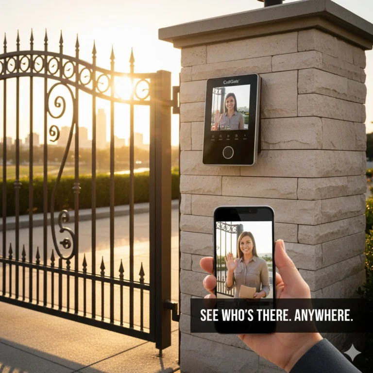 A hand holds a smartphone showing a live video feed from the CellGate intercom to see who is at your gate.