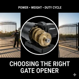 Heavy-duty LiftMaster motor gears and metal gates showing how to select the Right Gate Opener for security.