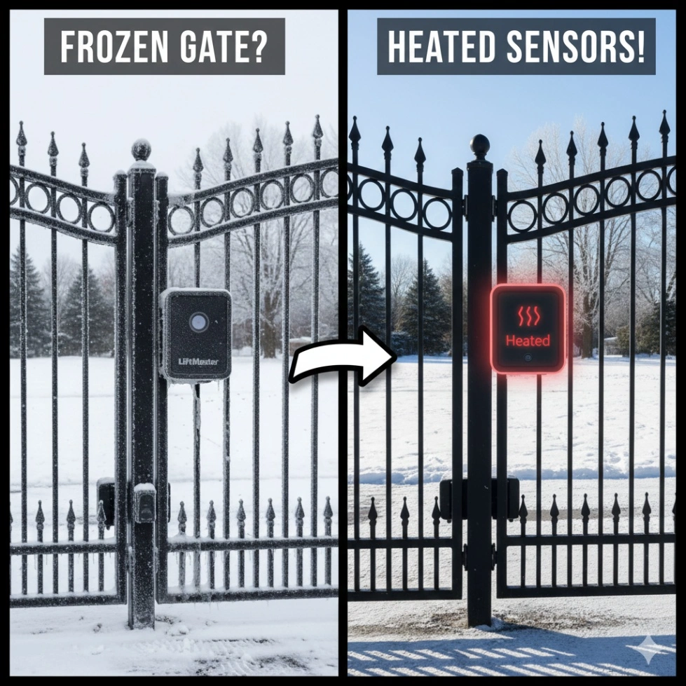Frosty LiftMaster gate sensor showing cold weather problems and a heated red sensor as the fix.