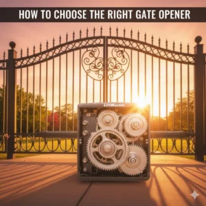 LiftMaster gate opener gears in front of a large ornate metal gate at sunset, showing part of a gate installation.