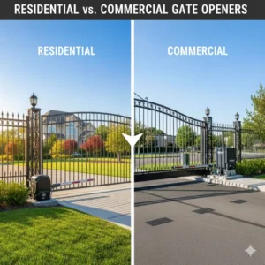 Split view comparing residential gate openers for homes and heavy-duty commercial gate openers for businesses.