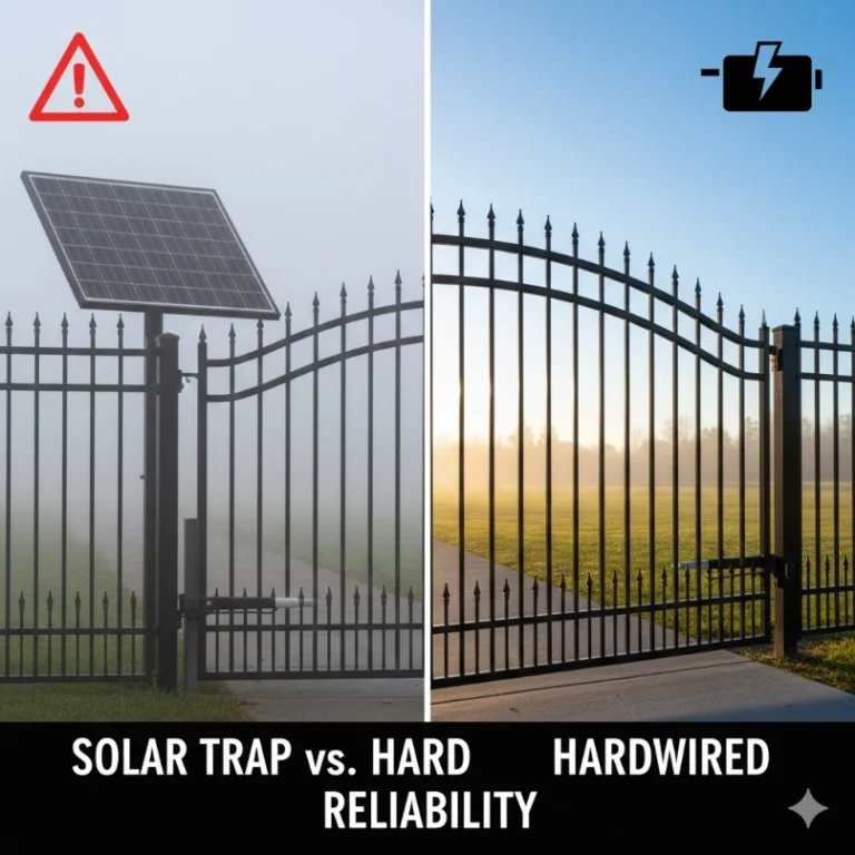 Foggy scene showing a failing Solar Gate panel contrasted with a reliable hardwired system in clear sunlight.