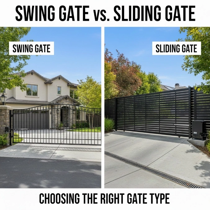 Side-by-side comparison showing the visual and structural differences between a sliding model and a classic Swing Gate.