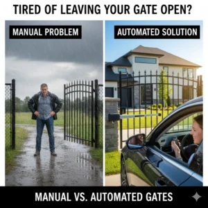 Split image shows a man in rain at a manual gate open and a smiling woman in a car using a remote for an automated gate.