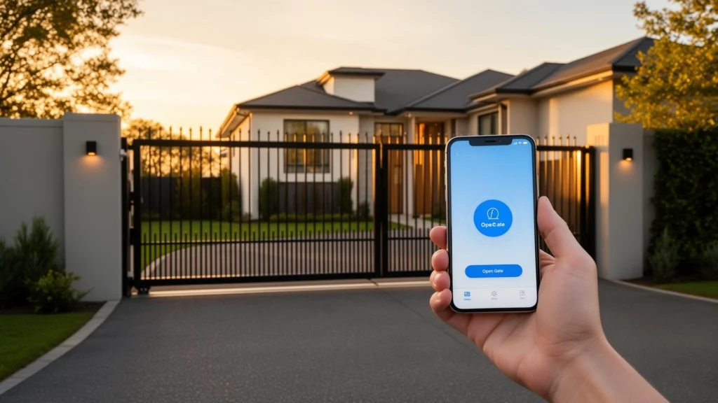 A person holds a smartphone with a smart gate opener app active in front of a modern home with black driveway gates.