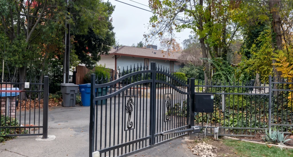 Black wrought iron gate left partially open with the automatic gate remote not working.