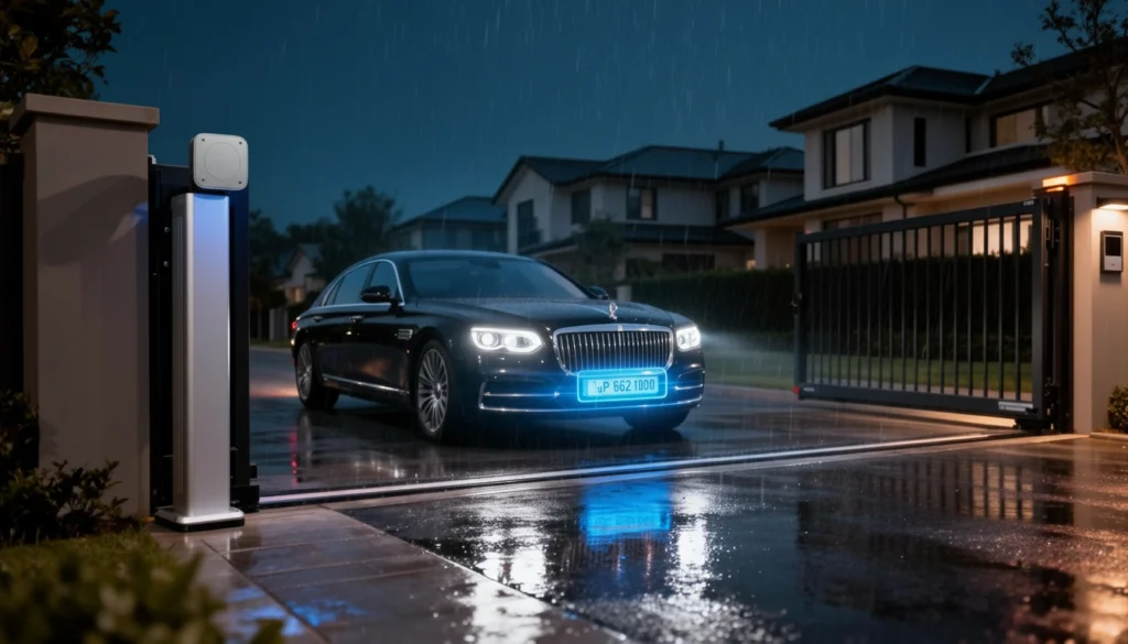 A black luxury car passes through a license plate recognition gate in a residential community during a heavy downpour at night.