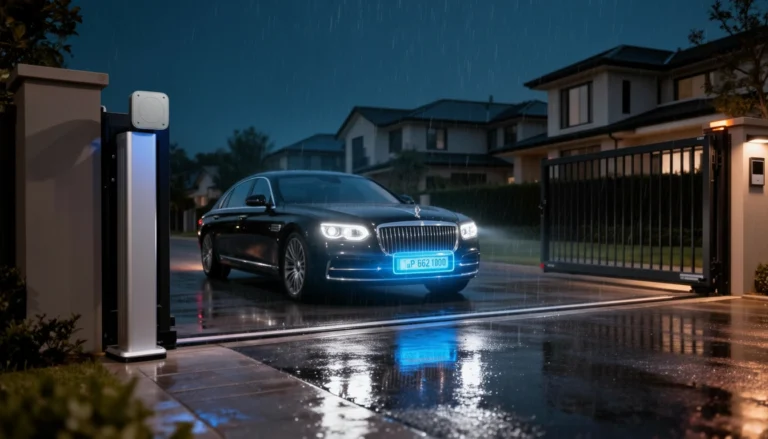 A black luxury car passes through a license plate recognition gate in a residential community during a heavy downpour at night.