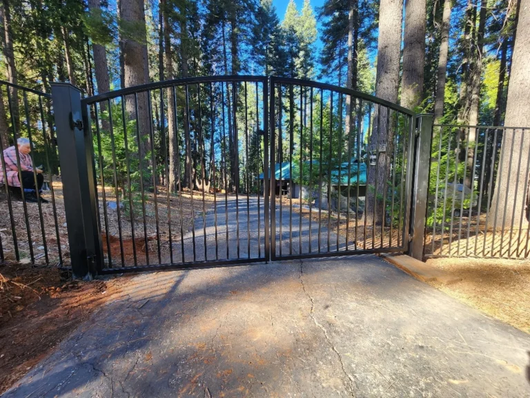 Black automatic driveway gate surrounded by tall pine trees demonstrating proper wildfire gate safety.